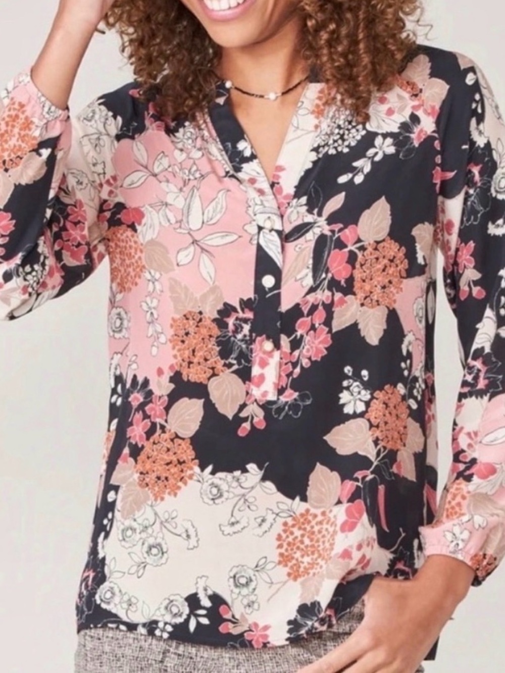 Spartina 449 Pink & Black Floral Split-Neck Silk Blouse